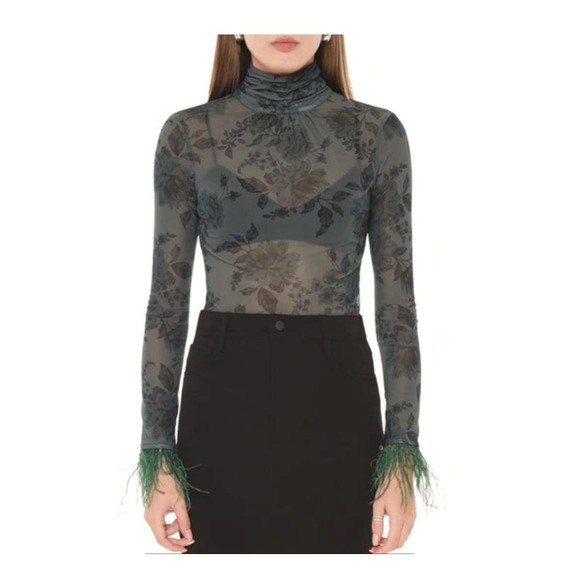 WAYF Sheer Floral Print Bodysuit Mock Neck Long Sleeve Feather Cuff Size XL - Picture 1 of 9